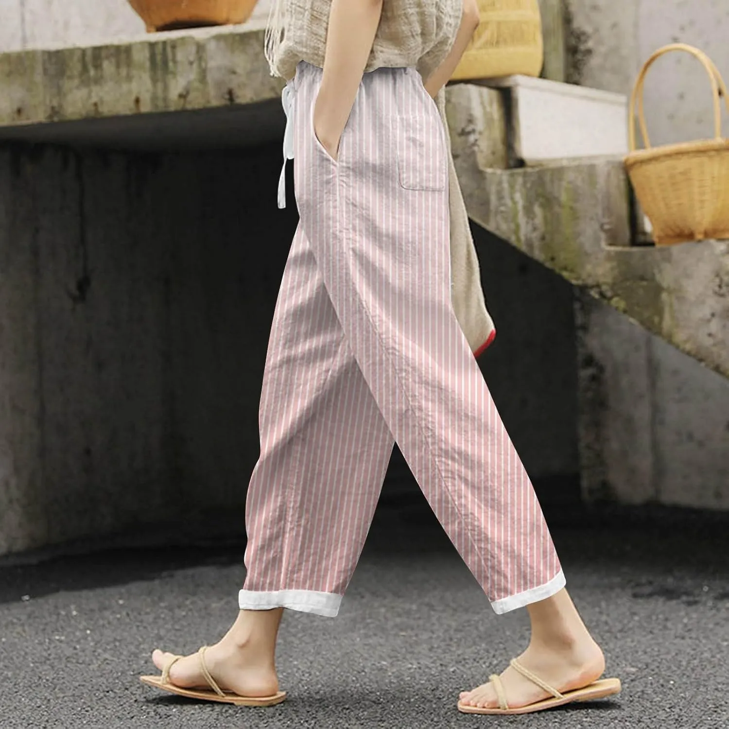 Womens Linen Summer Casual Pants Elastic Waisted Stretchy Slim-Fit Trouser Travel