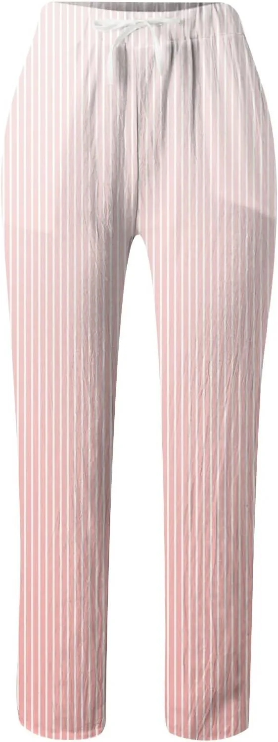 Womens Linen Summer Casual Pants Elastic Waisted Stretchy Slim-Fit Trouser Travel