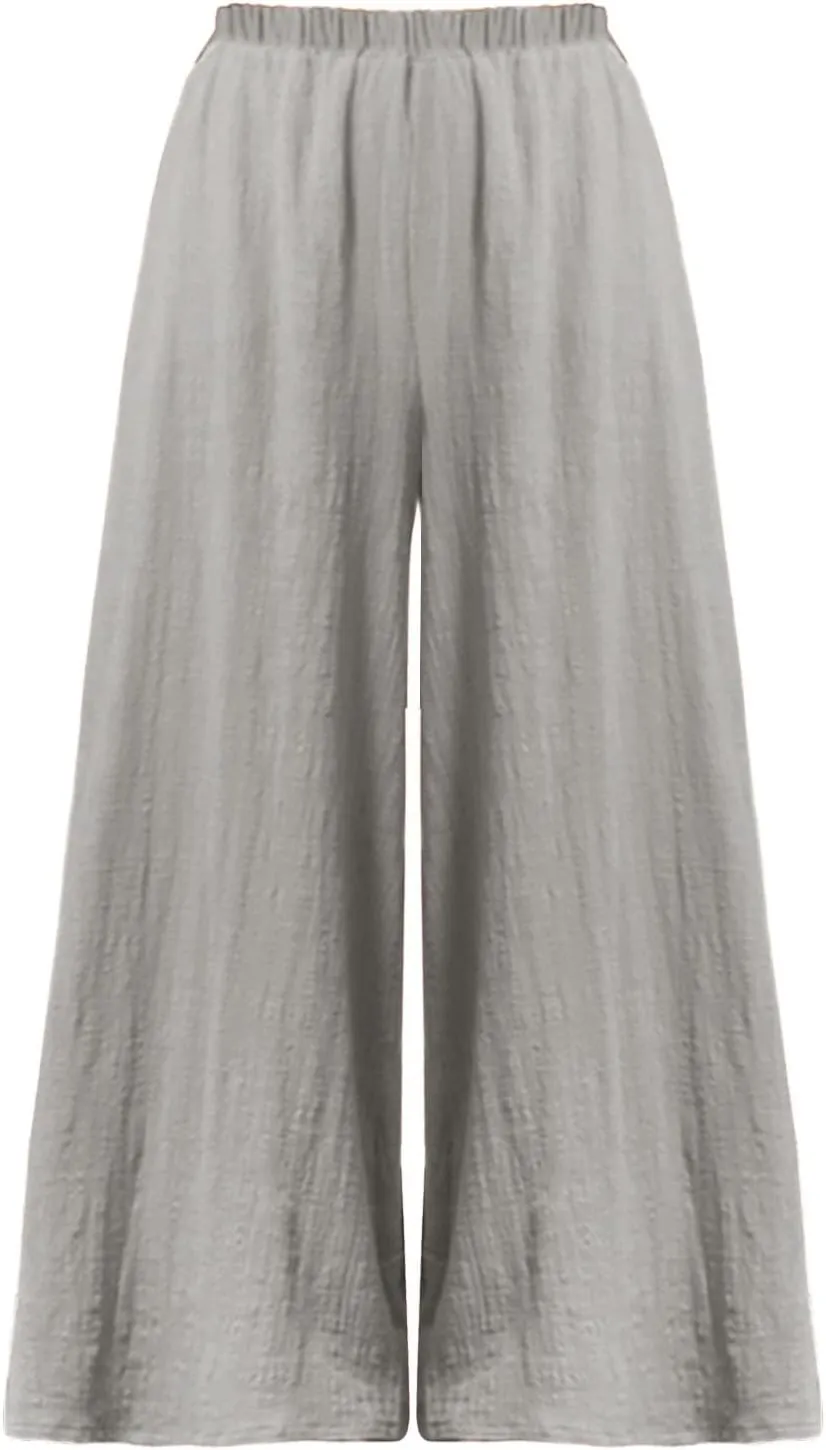 Womens Linen Summer Casual Pants Elastic Waisted Stretchy Slim-Fit Trouser Travel