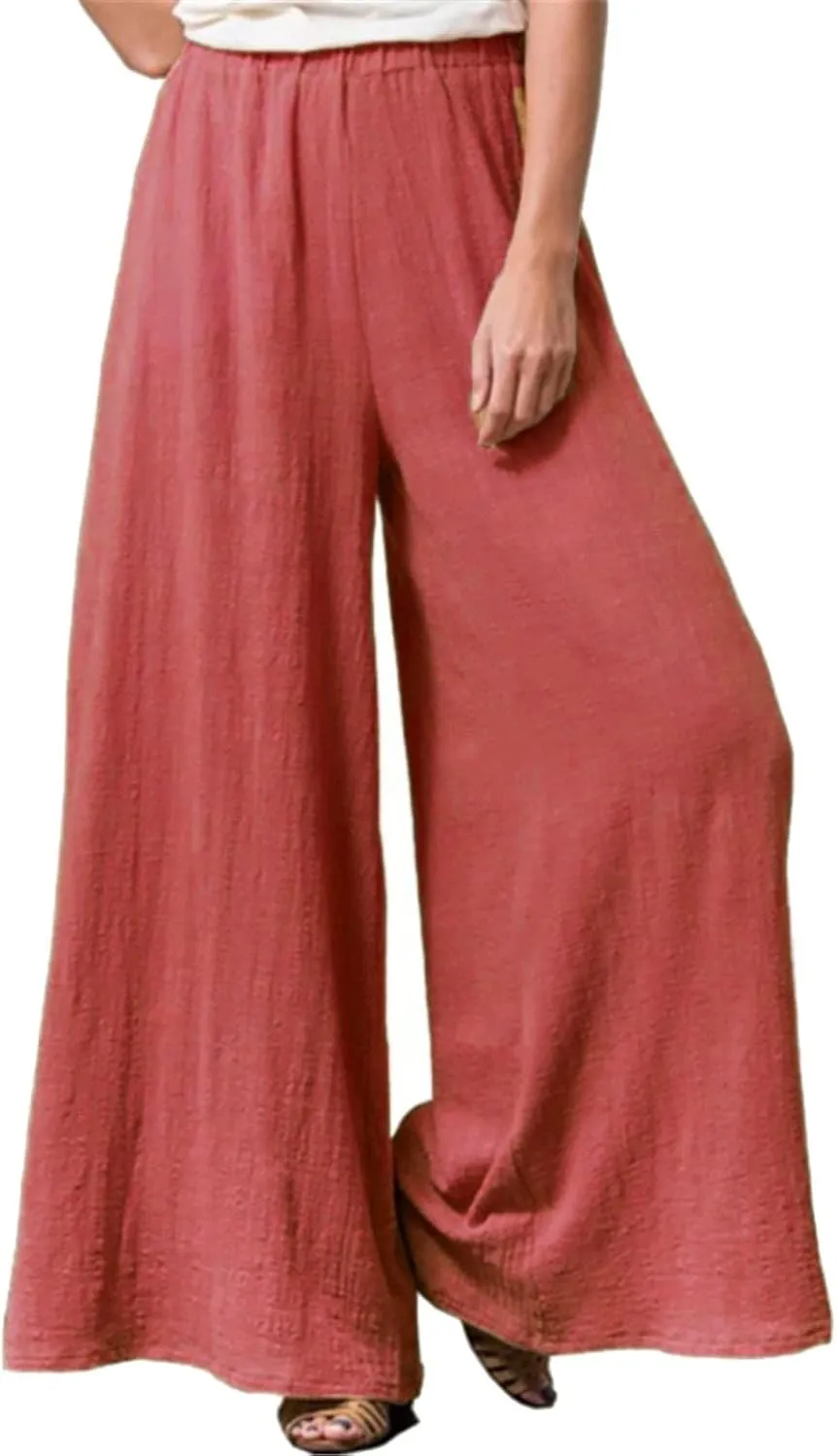 Womens Linen Summer Casual Pants Elastic Waisted Stretchy Slim-Fit Trouser Travel