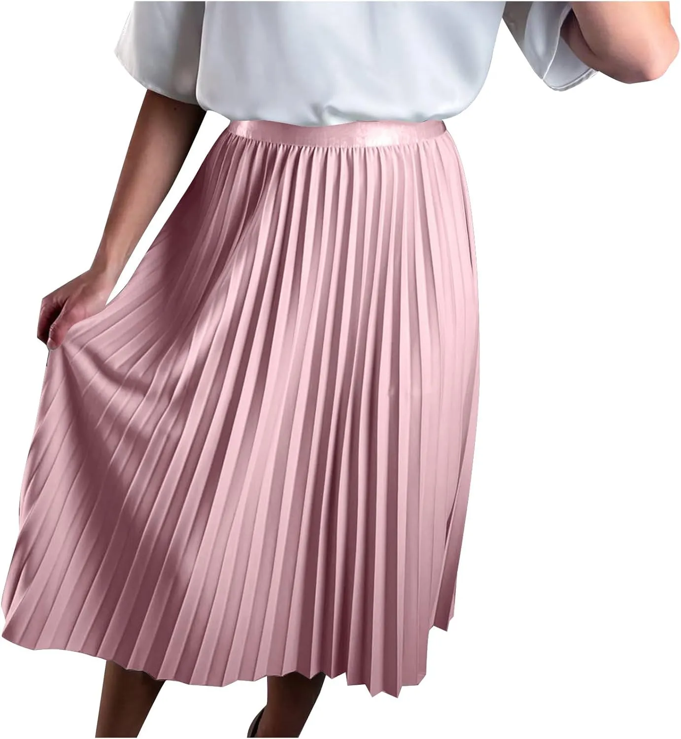 Womens Long Satin Summer Skirt Silk Elegant High Waist Cocktail Party Wedding Pleated Flared A-Line Midi Skirts
