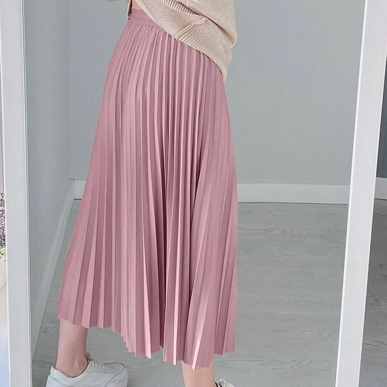 Womens Long Satin Summer Skirt Silk Elegant High Waist Cocktail Party Wedding Pleated Flared A-Line Midi Skirts
