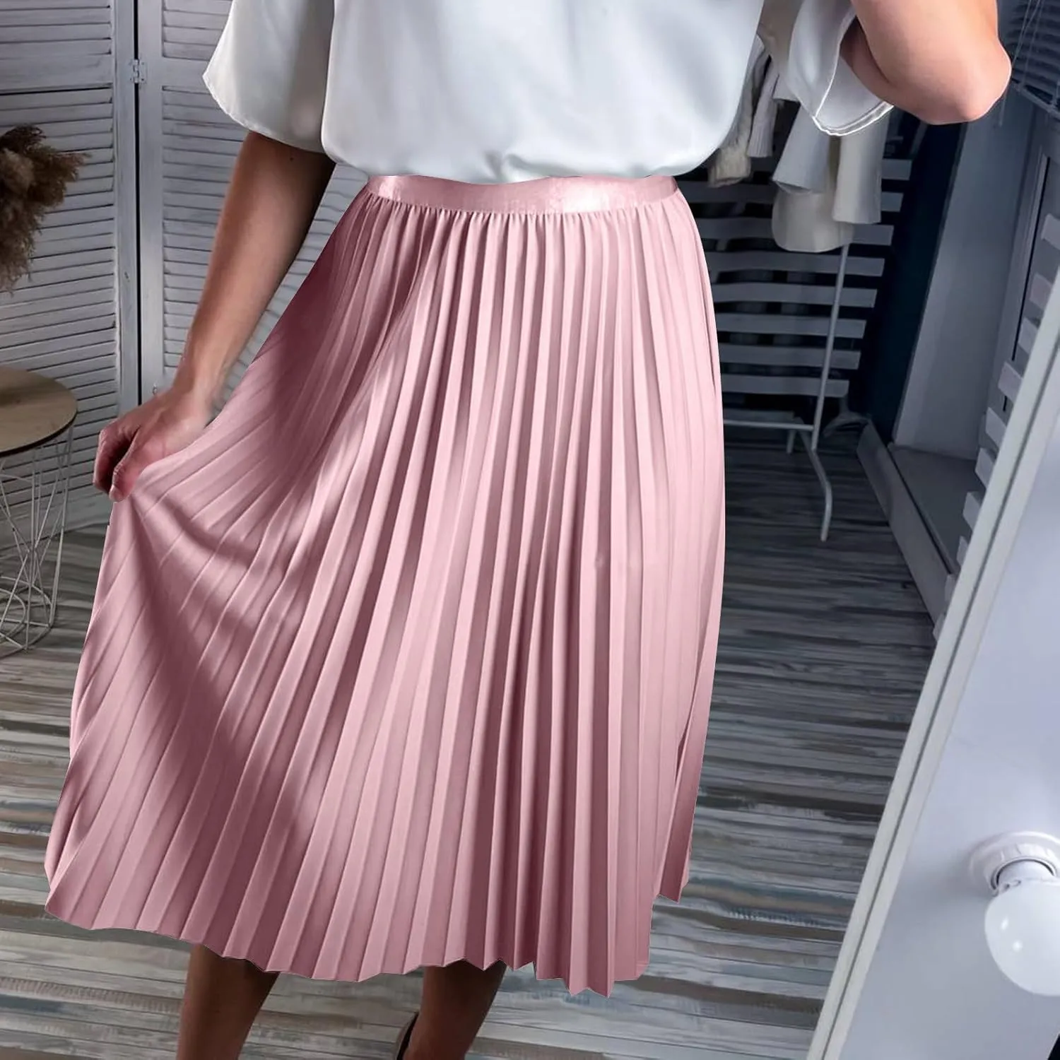 Womens Long Satin Summer Skirt Silk Elegant High Waist Cocktail Party Wedding Pleated Flared A-Line Midi Skirts