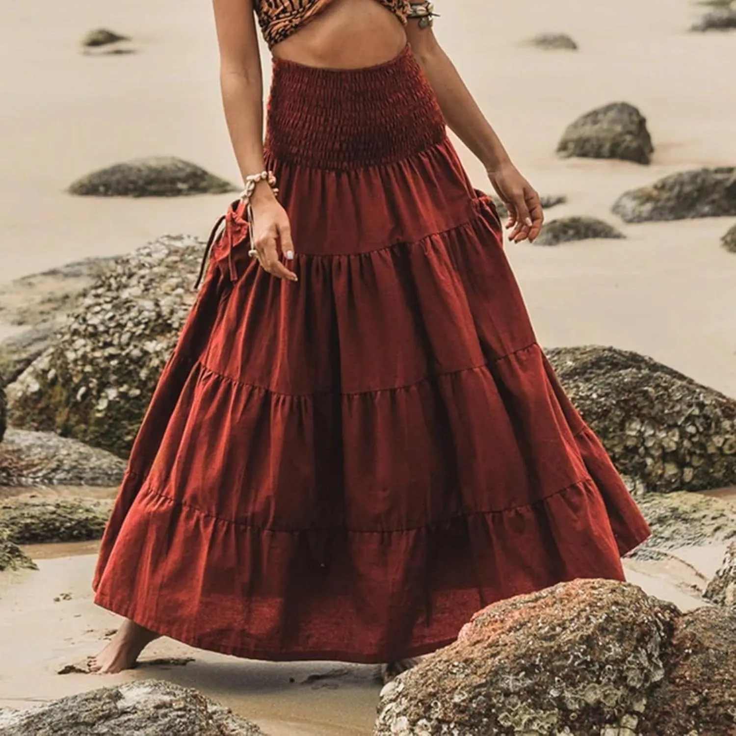Women's Maxi Boho Skirt Long Hippie Bohemian Elastic Waist Gypsy Skirt Summer Flowy Pleated Tiered A Line Skirts