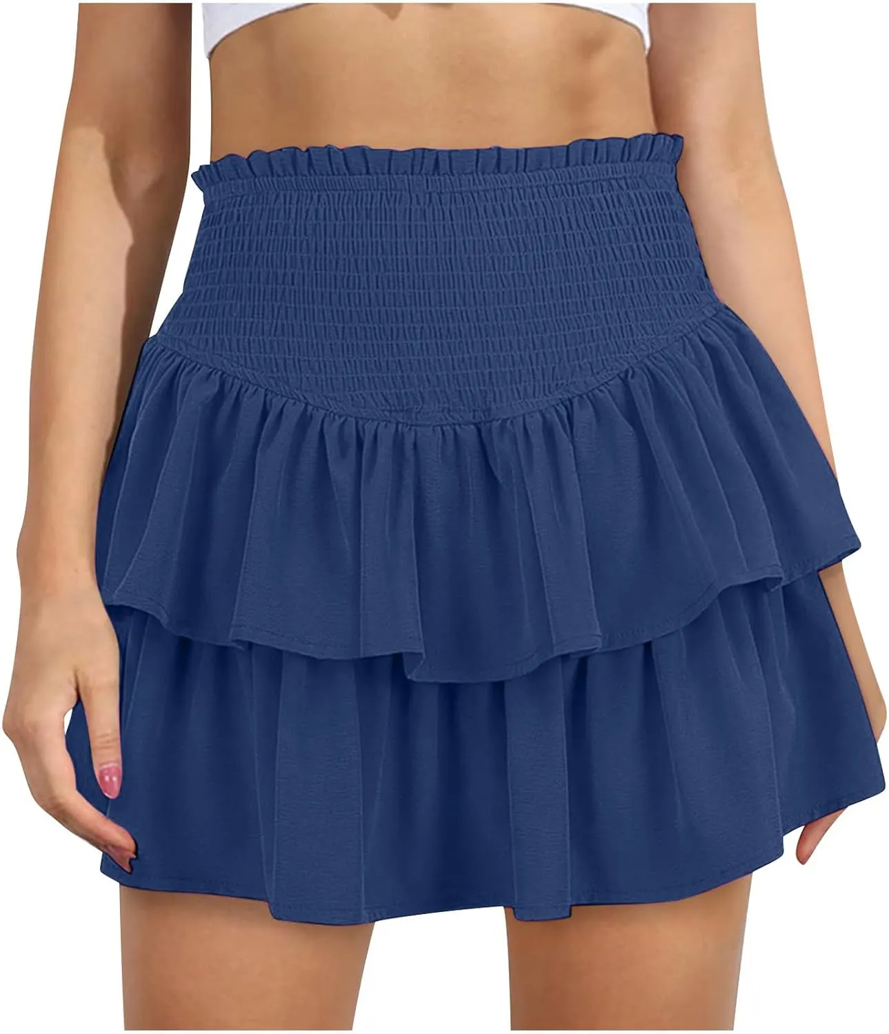 Women's Mini Skirt Elastic High Waist Pleated Skirt Double Layered Ruffle Short Skirt Cute Tiered Sports Skirt