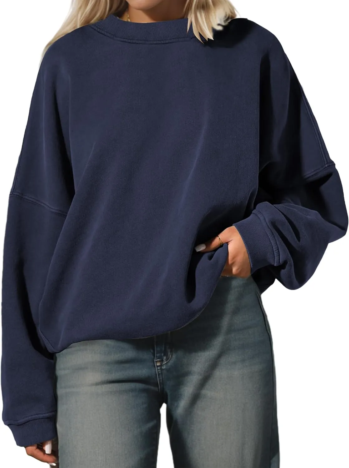 Womens Oversized Sweatshirt Crewneck Pullover Top Casual Drop Shoulder Crew Neck Plain Shirt 2025 Fall Clothes