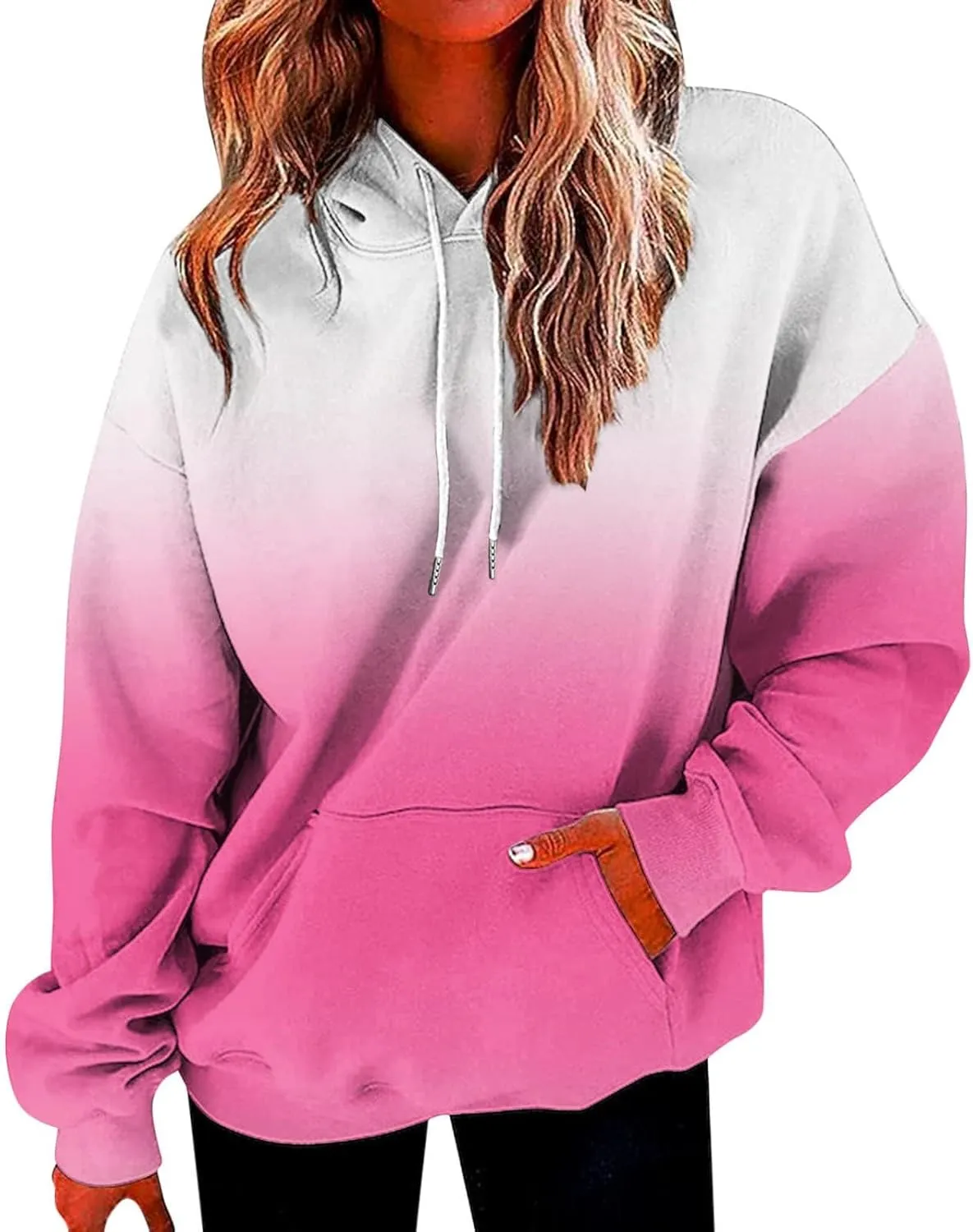 Women's Oversized Y2K Hoodies Pullover Tops Gradient Hooded Sweatshirts Fall Fashion Pocket Long Sleeve Blouse Outfits