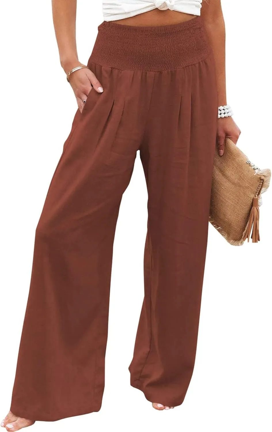 Women's Paperbag Waist Casual Pants High Waisted Versatile Straight Wide Leg Pants Slim-fit Trendy Stretchy Trousers