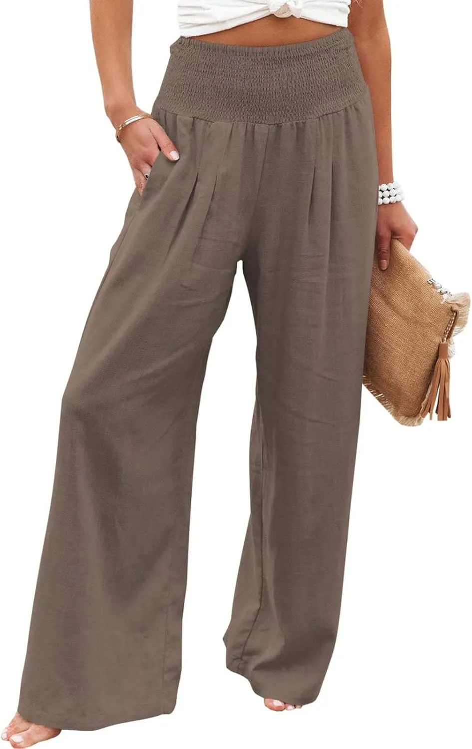 Women's Paperbag Waist Casual Pants High Waisted Versatile Straight Wide Leg Pants Slim-fit Trendy Stretchy Trousers