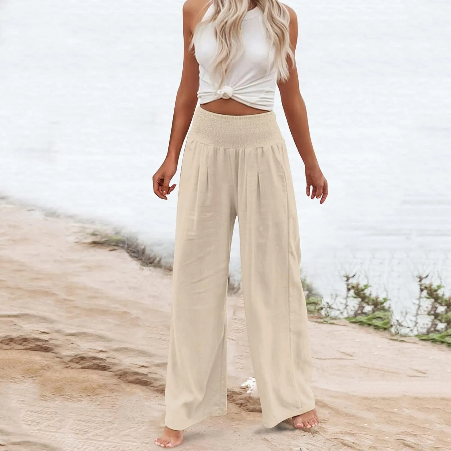 Women's Paperbag Waist Casual Pants High Waisted Versatile Straight Wide Leg Pants Slim-fit Trendy Stretchy Trousers
