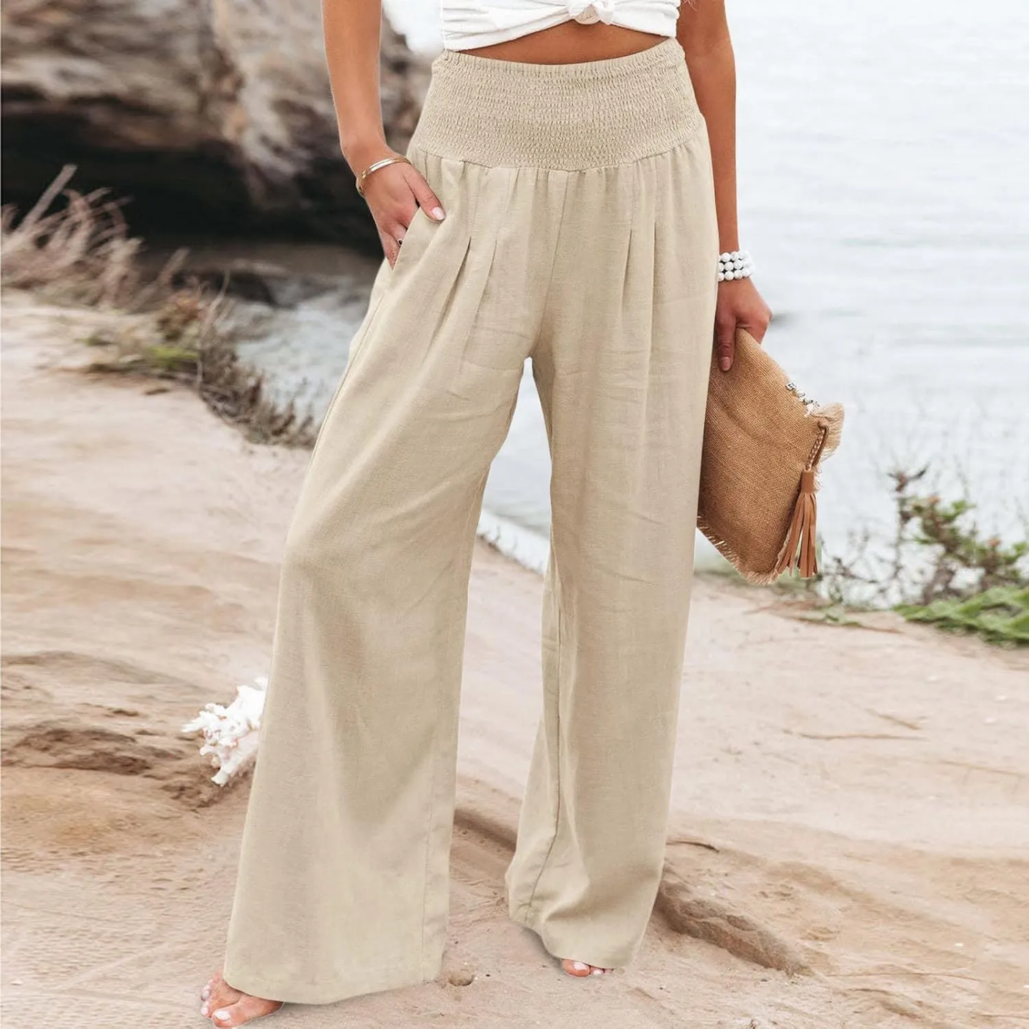 Women's Paperbag Waist Casual Pants High Waisted Versatile Straight Wide Leg Pants Slim-fit Trendy Stretchy Trousers