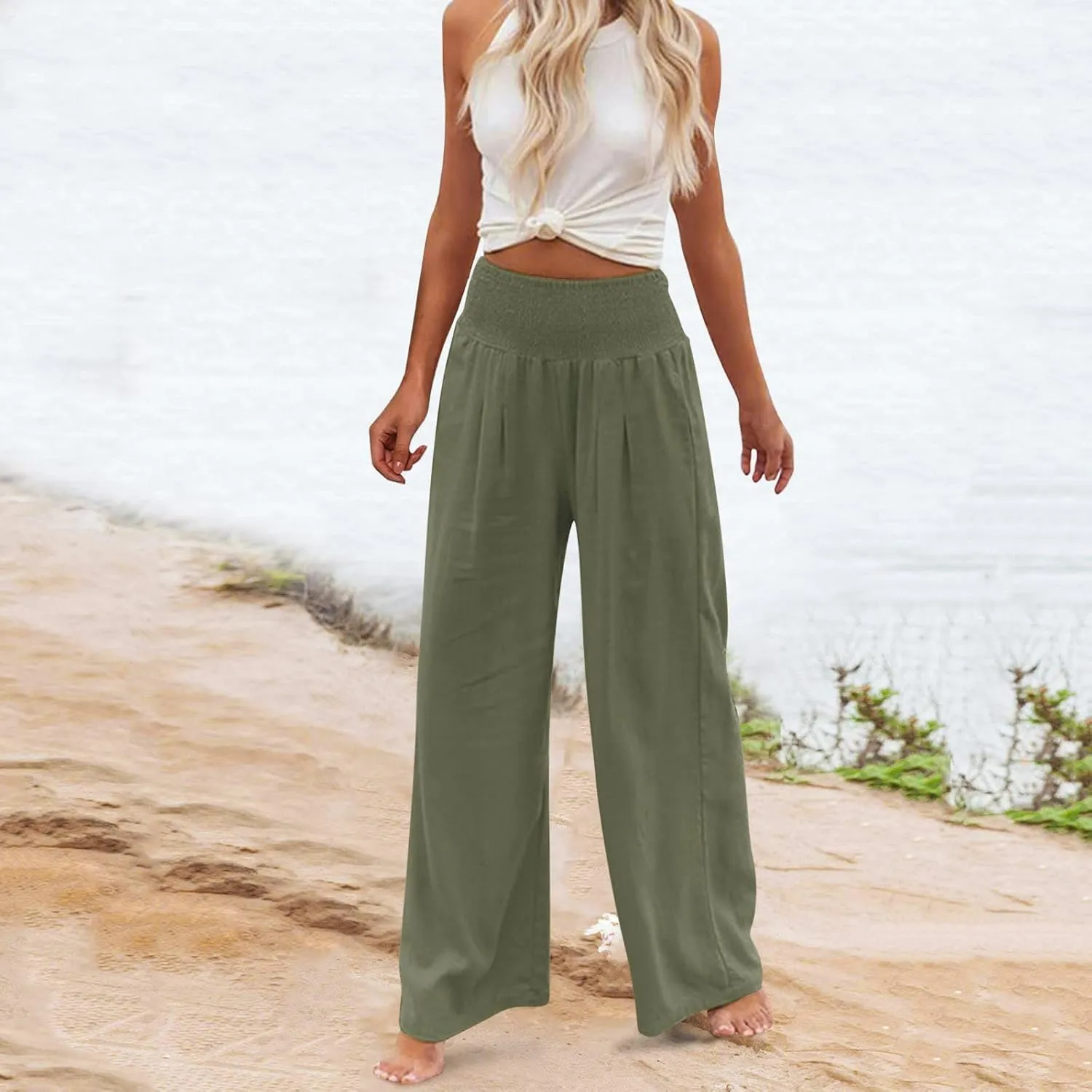 Women's Paperbag Waist Casual Pants High Waisted Versatile Straight Wide Leg Pants Slim-fit Trendy Stretchy Trousers