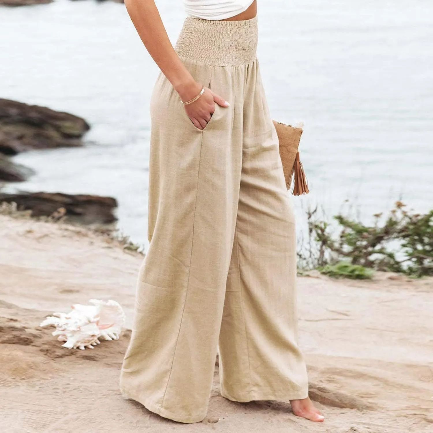 Women's Paperbag Waist Casual Pants High Waisted Versatile Straight Wide Leg Pants Slim-fit Trendy Stretchy Trousers