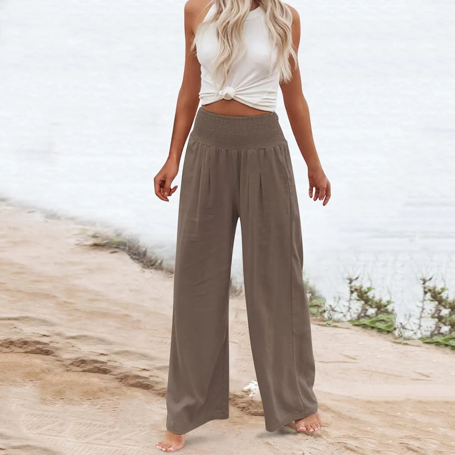 Women's Paperbag Waist Casual Pants High Waisted Versatile Straight Wide Leg Pants Slim-fit Trendy Stretchy Trousers