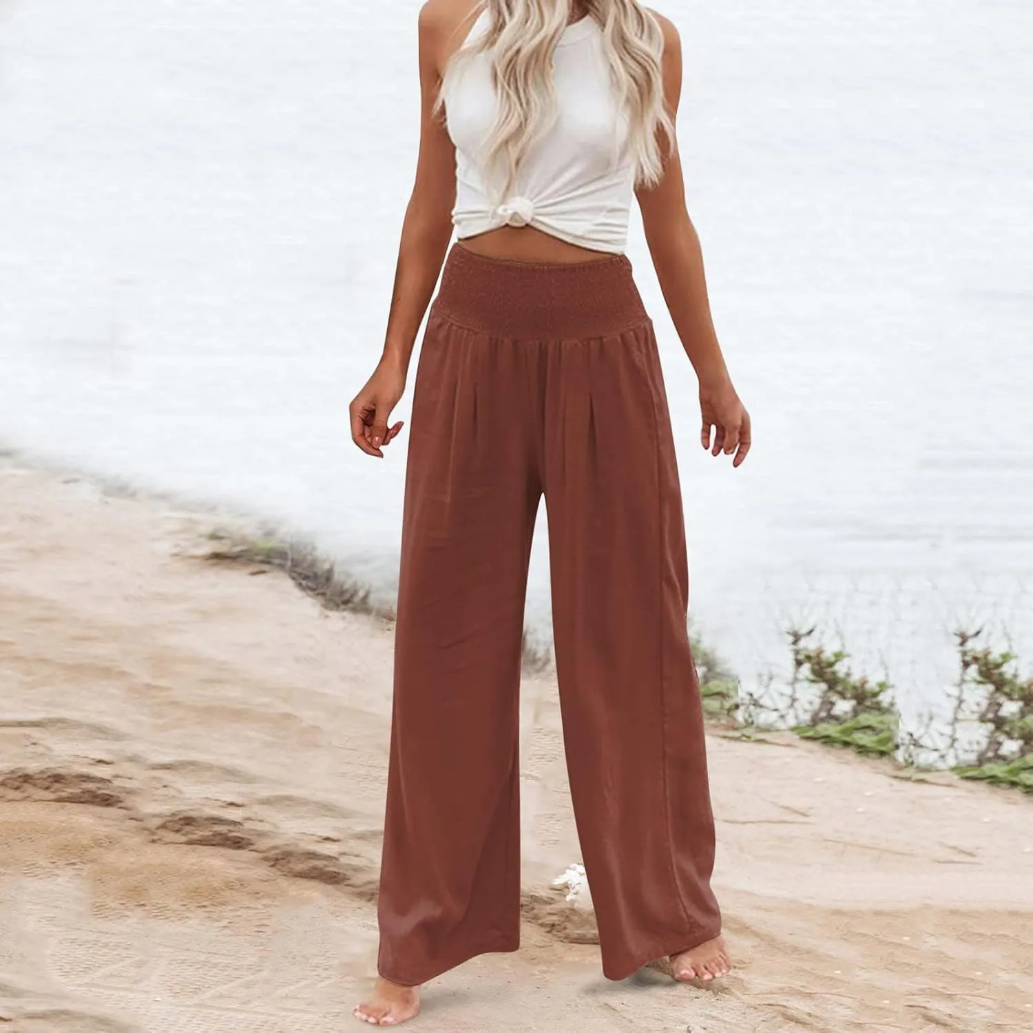 Women's Paperbag Waist Casual Pants High Waisted Versatile Straight Wide Leg Pants Slim-fit Trendy Stretchy Trousers