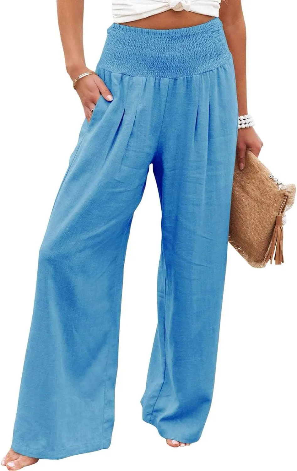 Women's Paperbag Waist Casual Pants High Waisted Versatile Straight Wide Leg Pants Slim-fit Trendy Stretchy Trousers