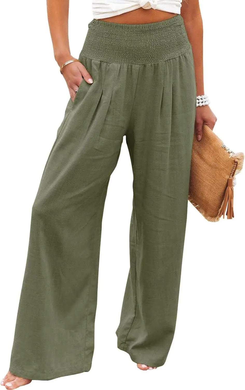 Women's Paperbag Waist Casual Pants High Waisted Versatile Straight Wide Leg Pants Slim-fit Trendy Stretchy Trousers