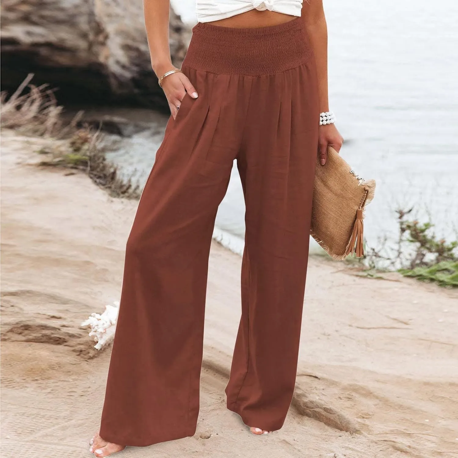 Women's Paperbag Waist Casual Pants High Waisted Versatile Straight Wide Leg Pants Slim-fit Trendy Stretchy Trousers