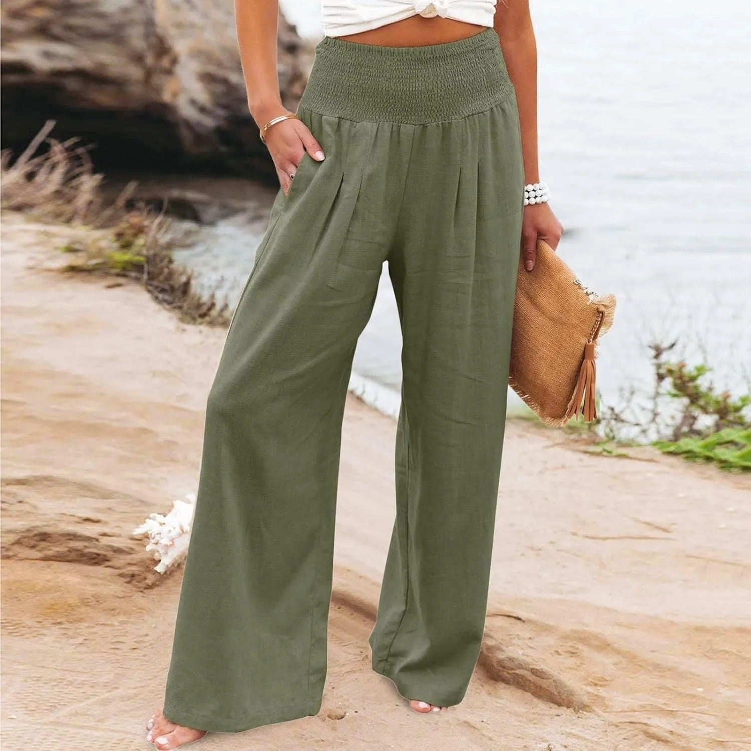 Women's Paperbag Waist Casual Pants High Waisted Versatile Straight Wide Leg Pants Slim-fit Trendy Stretchy Trousers