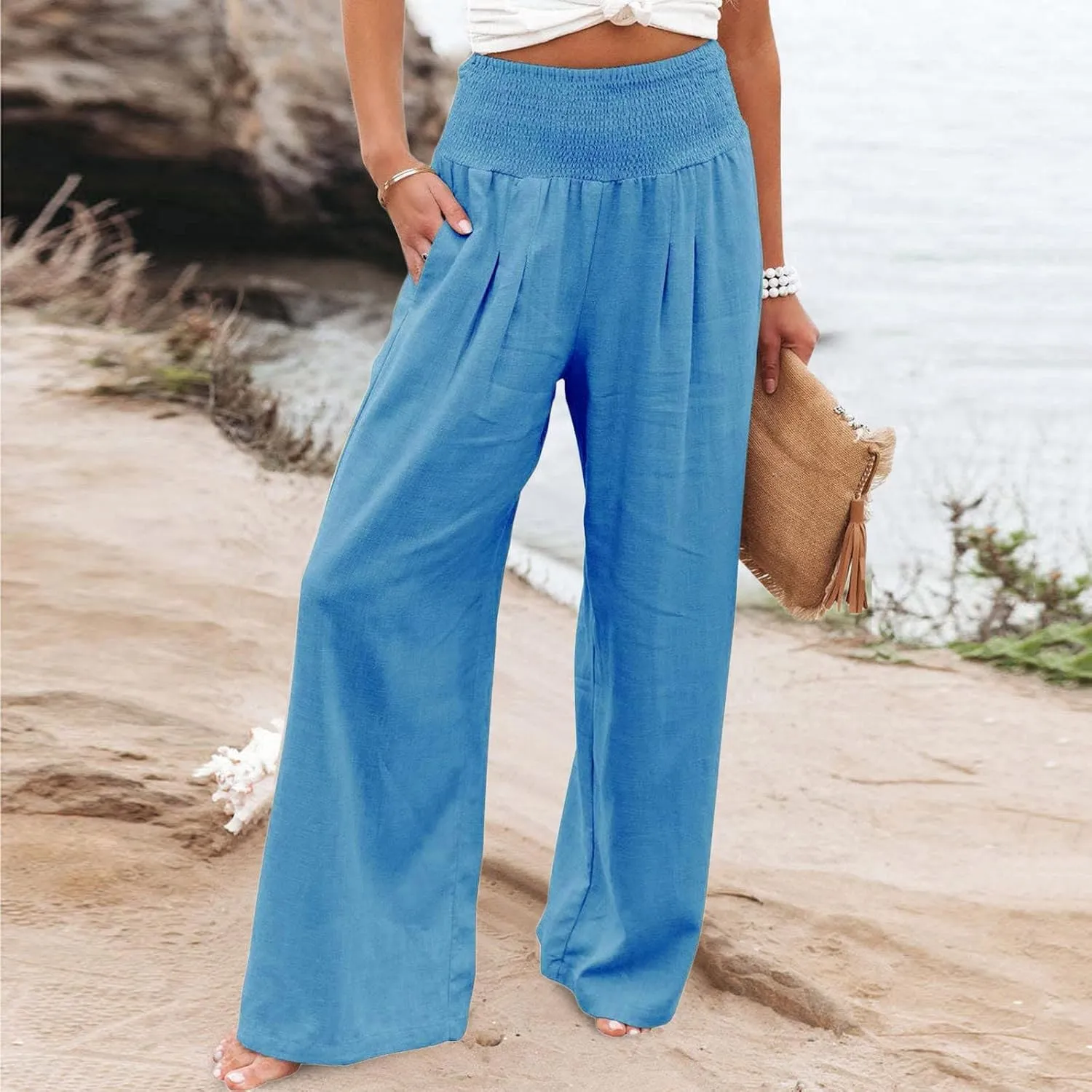 Women's Paperbag Waist Casual Pants High Waisted Versatile Straight Wide Leg Pants Slim-fit Trendy Stretchy Trousers