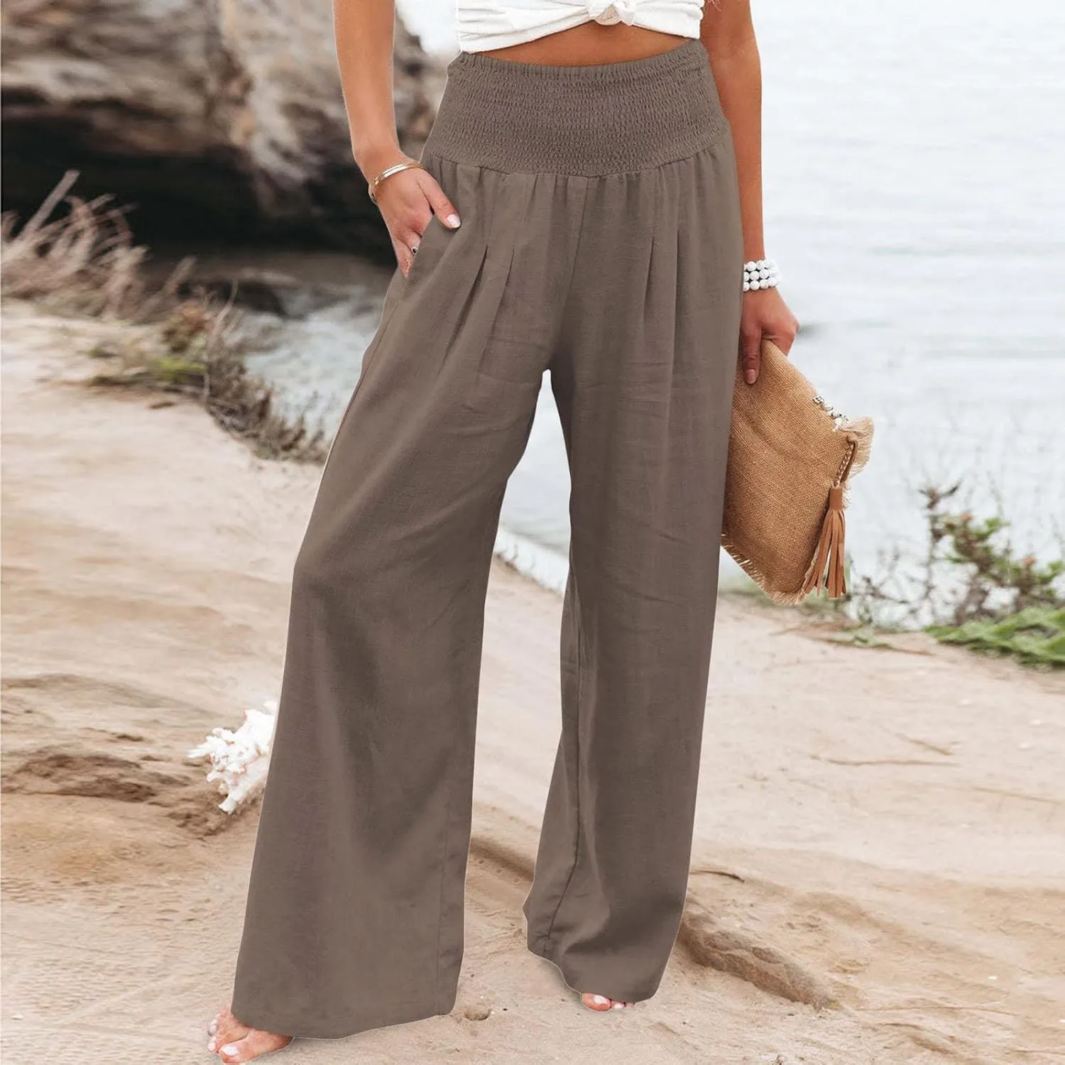 Women's Paperbag Waist Casual Pants High Waisted Versatile Straight Wide Leg Pants Slim-fit Trendy Stretchy Trousers
