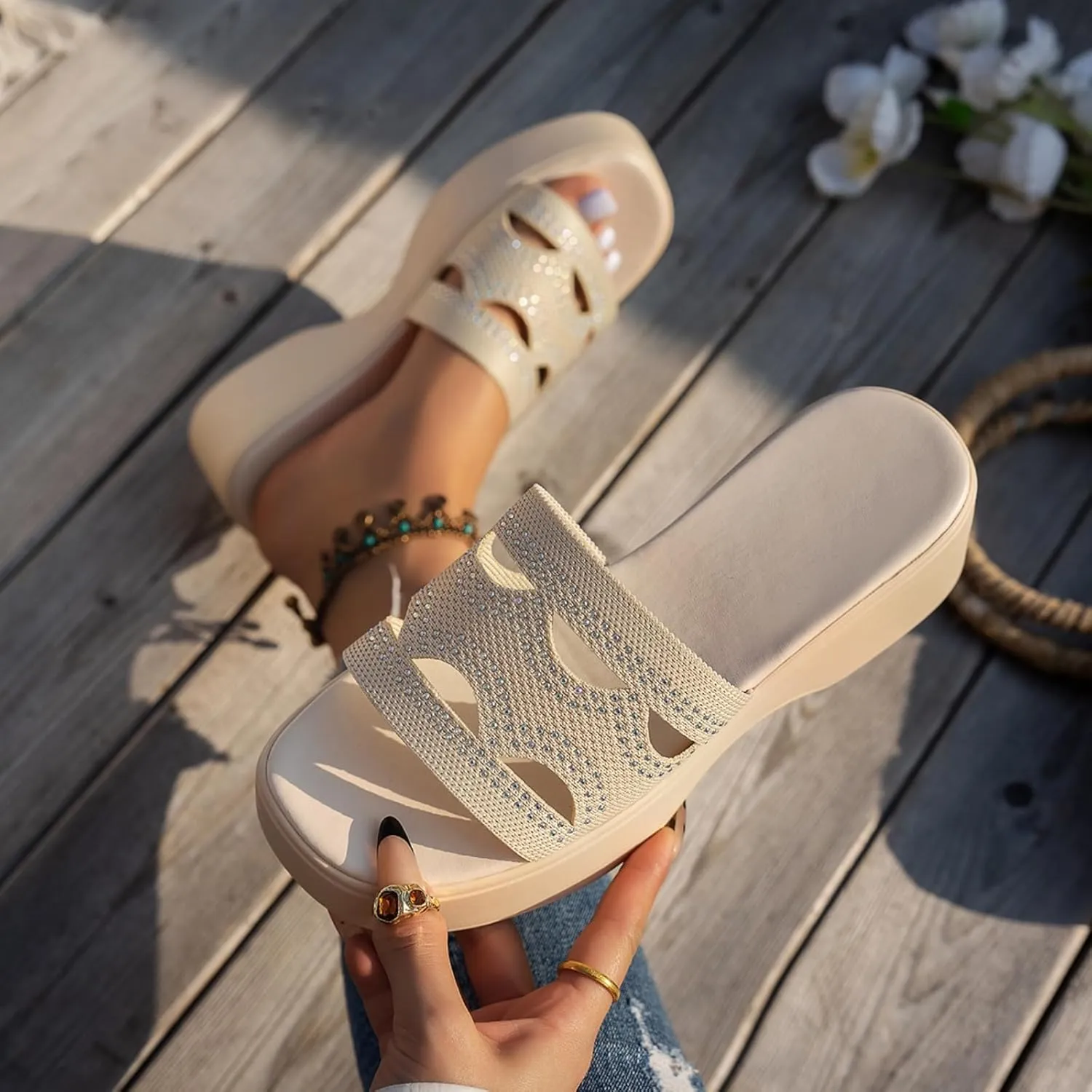 Womens Platform Slide Sandal Open Toe Slide On Comfortable Cute Flat Wedges Shoes Dressy Summer Fashion Outdoor Beach Sandals