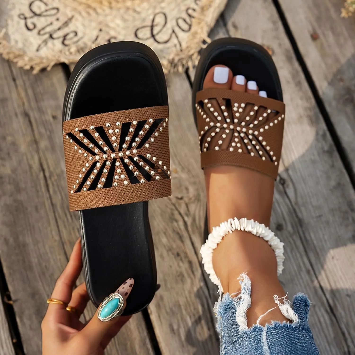 Womens Platform Slide Sandal Open Toe Slide On Comfortable Cute Flat Wedges Shoes Dressy Summer Fashion Outdoor Beach Sandals