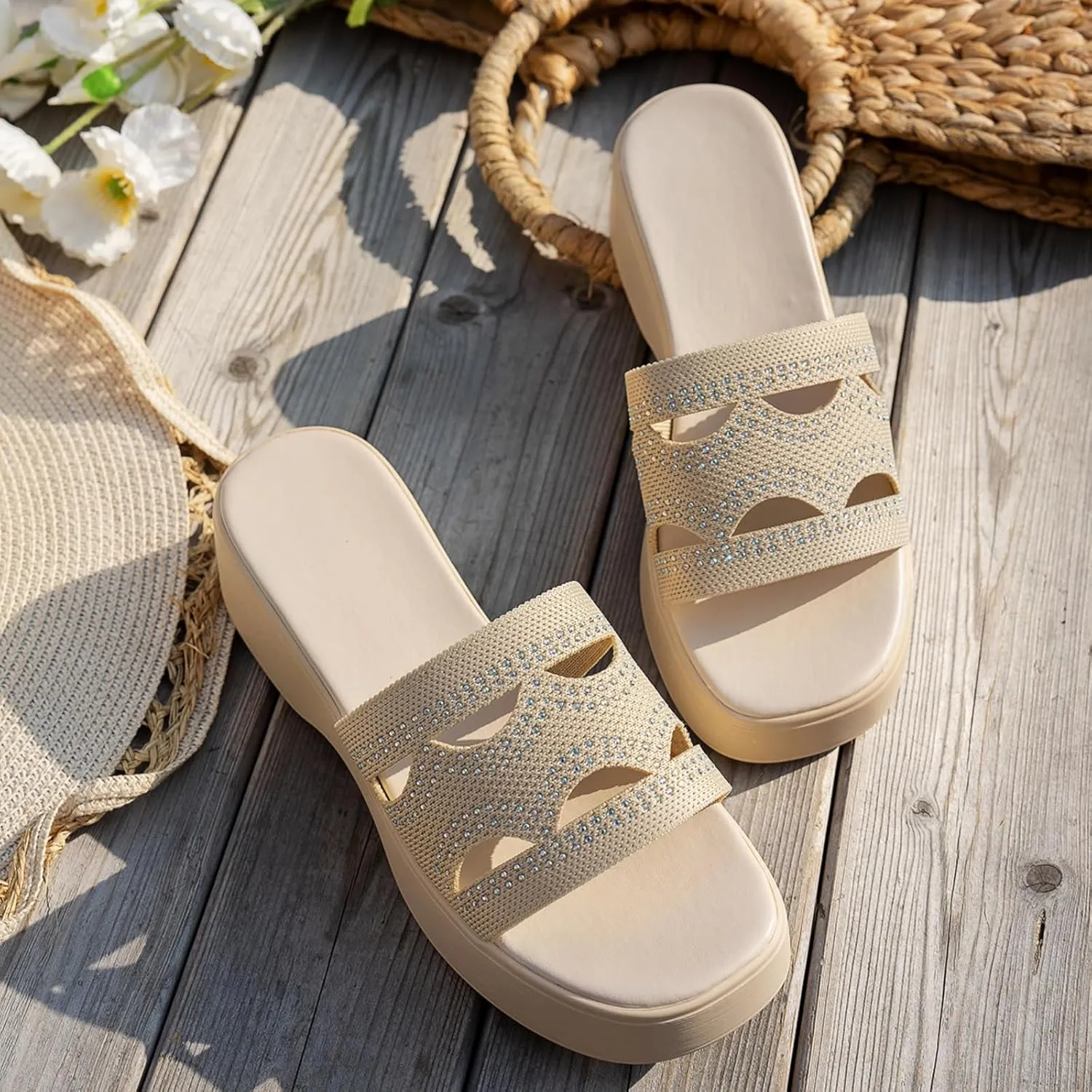 Womens Platform Slide Sandal Open Toe Slide On Comfortable Cute Flat Wedges Shoes Dressy Summer Fashion Outdoor Beach Sandals