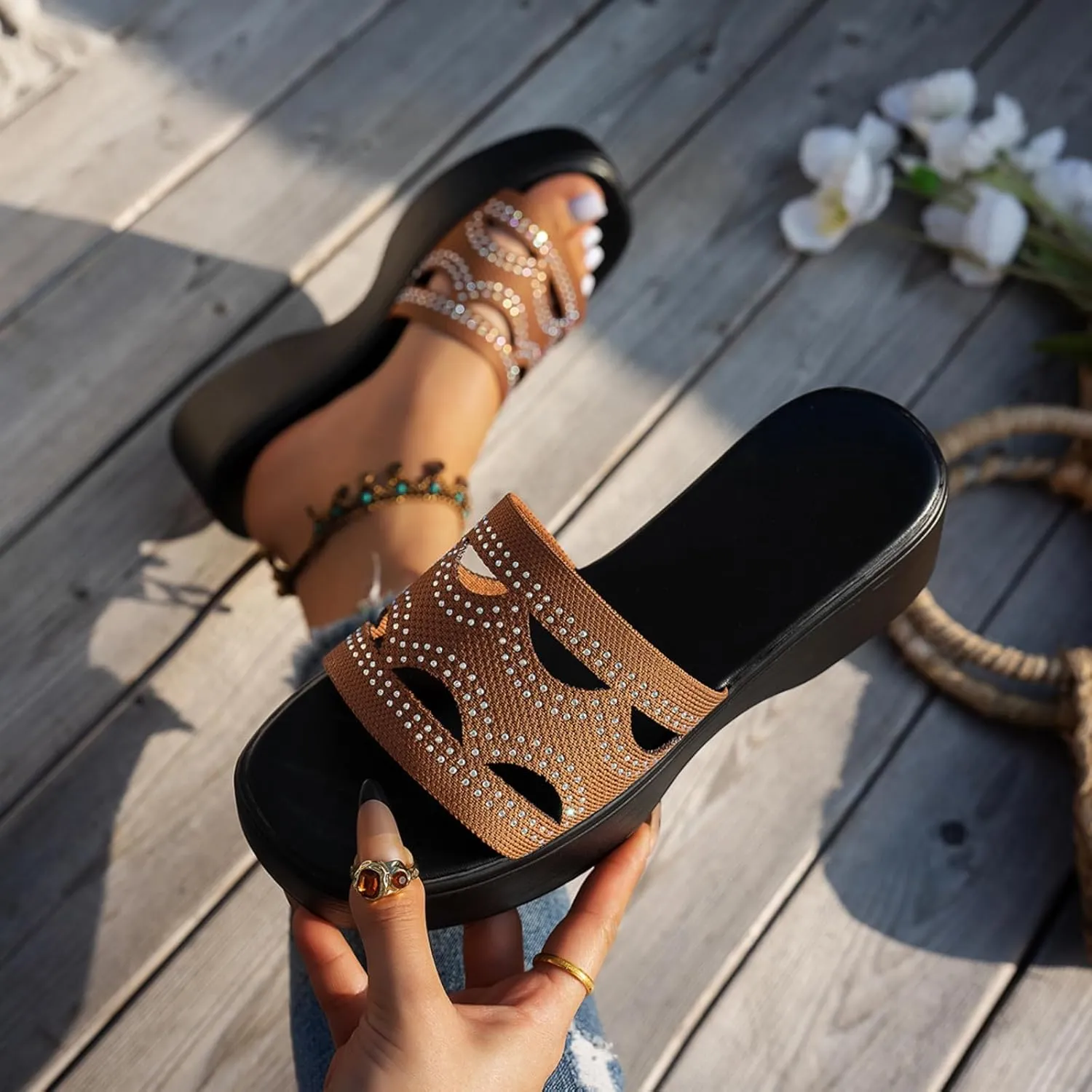 Womens Platform Slide Sandal Open Toe Slide On Comfortable Cute Flat Wedges Shoes Dressy Summer Fashion Outdoor Beach Sandals