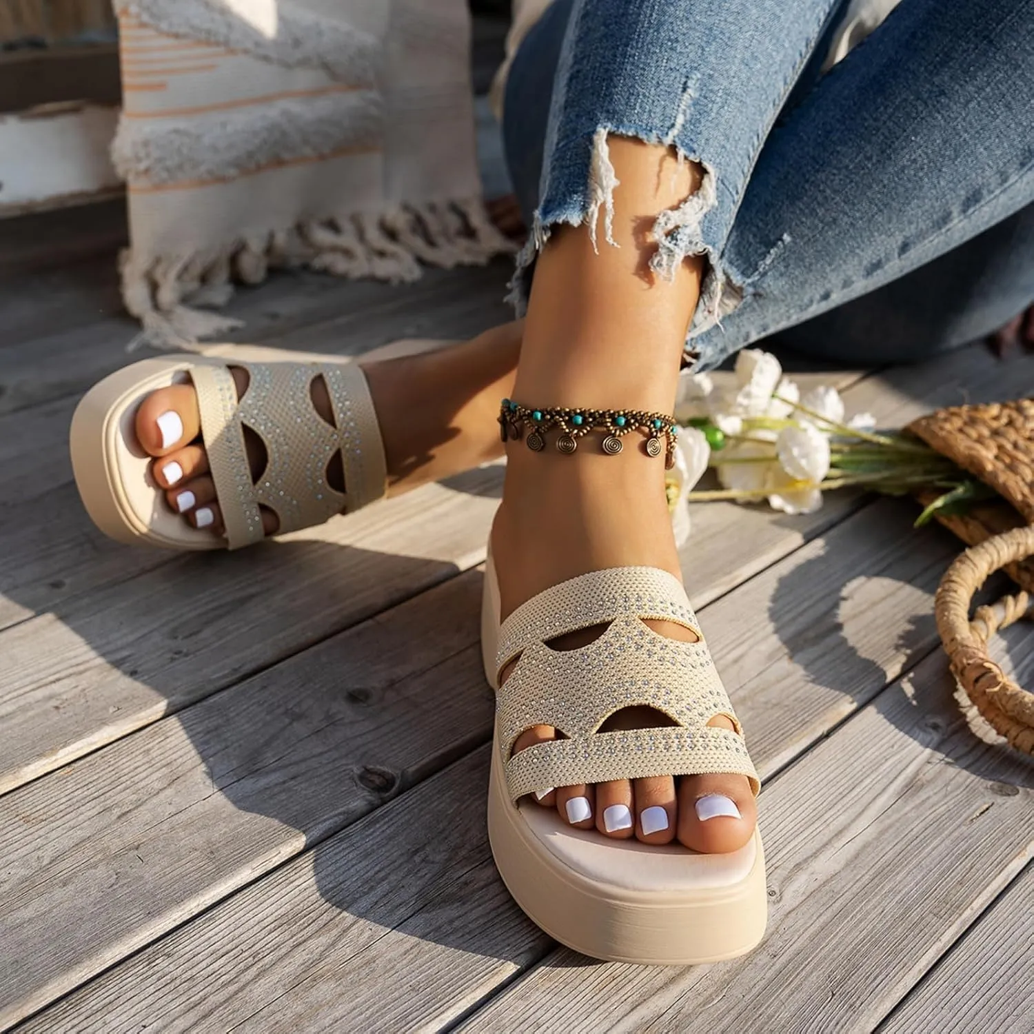 Womens Platform Slide Sandal Open Toe Slide On Comfortable Cute Flat Wedges Shoes Dressy Summer Fashion Outdoor Beach Sandals