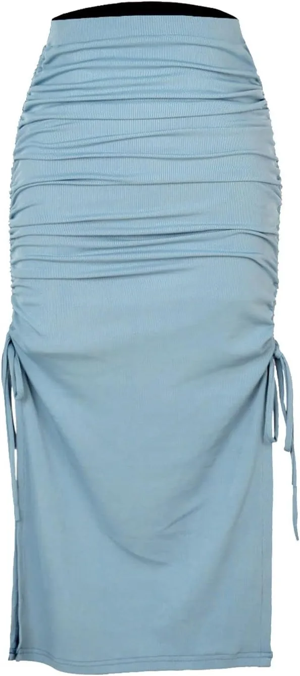 Women's Pleated Bodycon Skirt High Waisted Long Drawstring Knit Side Slit Midi Tean Length