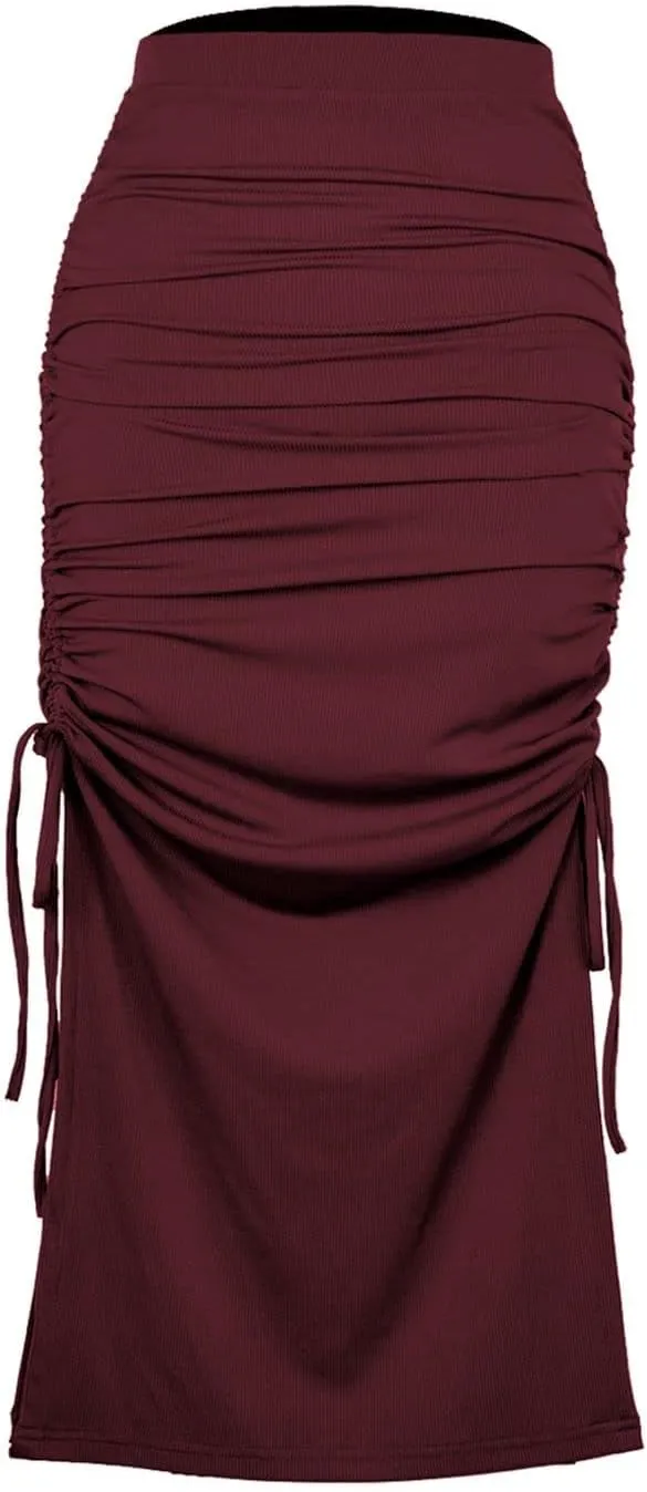 Women's Pleated Bodycon Skirt High Waisted Long Drawstring Knit Side Slit Midi Tean Length