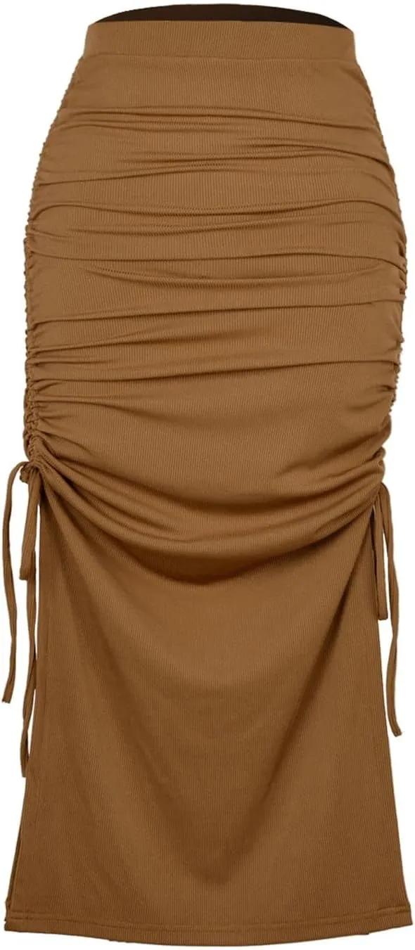 Women's Pleated Bodycon Skirt High Waisted Long Drawstring Knit Side Slit Midi Tean Length