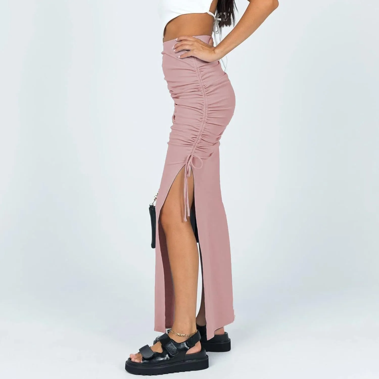 Women's Pleated Bodycon Skirt High Waisted Long Drawstring Knit Side Slit Midi Tean Length