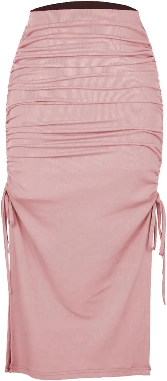 Women's Pleated Bodycon Skirt High Waisted Long Drawstring Knit Side Slit Midi Tean Length