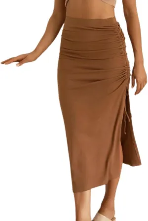 Women's Pleated Bodycon Skirt High Waisted Long Drawstring Knit Side Slit Midi Tean Length