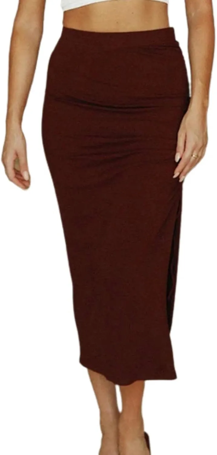 Women's Pleated Bodycon Skirt High Waisted Long Drawstring Knit Side Slit Midi Tean Length