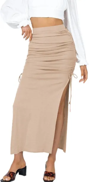 Women's Pleated Bodycon Skirt High Waisted Long Drawstring Knit Side Slit Midi Tean Length