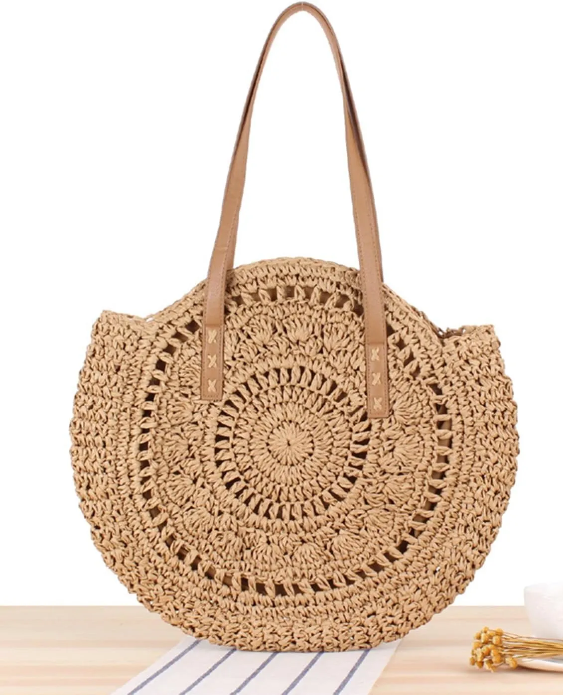 Women's Round Straw Bag Woven Bag Shoulder Bag Beach Bag Top-Handle Handbags