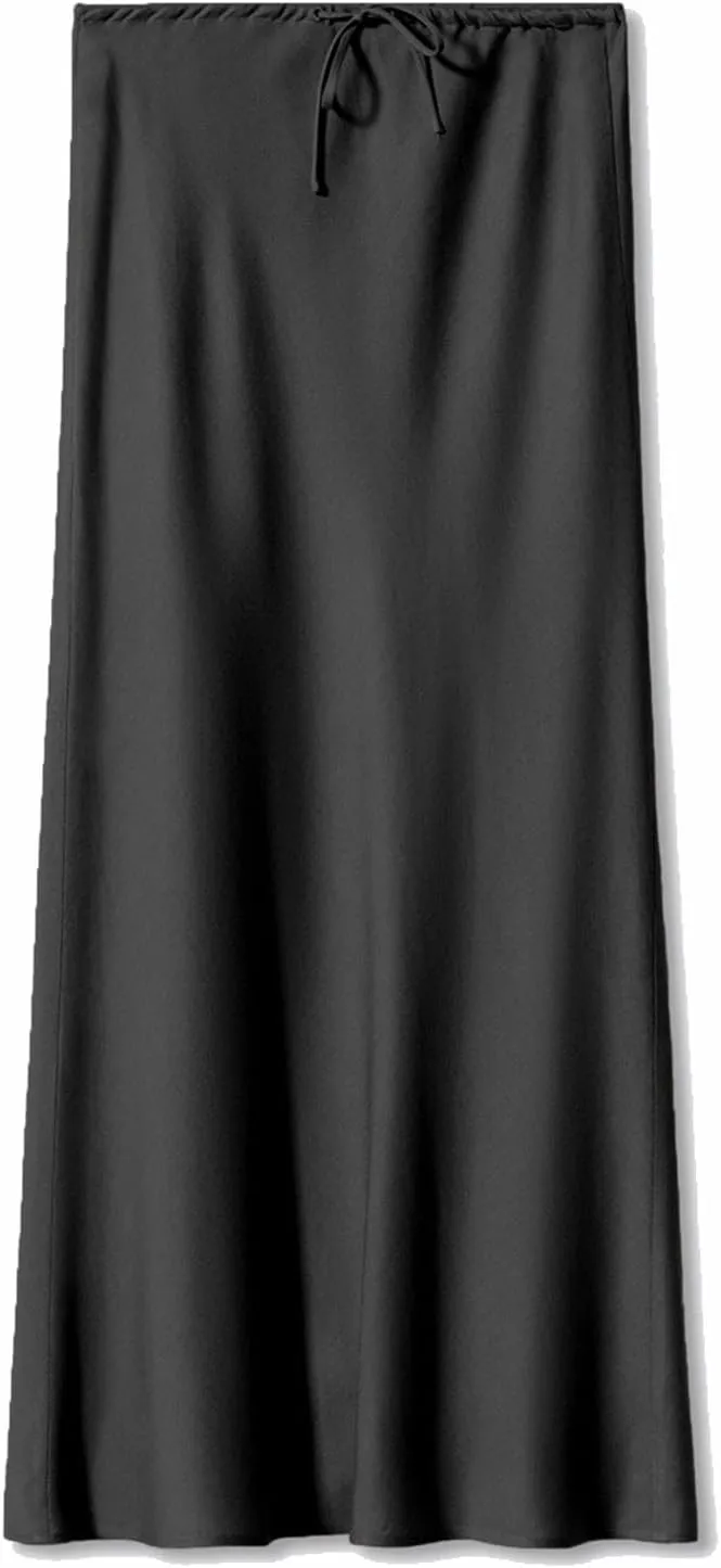 Women's Satin Maxi Skirts High Waist Silk Elegant Flowy Casual A-Line Long Skirt Cocktail Party Weekend Midi Skirt