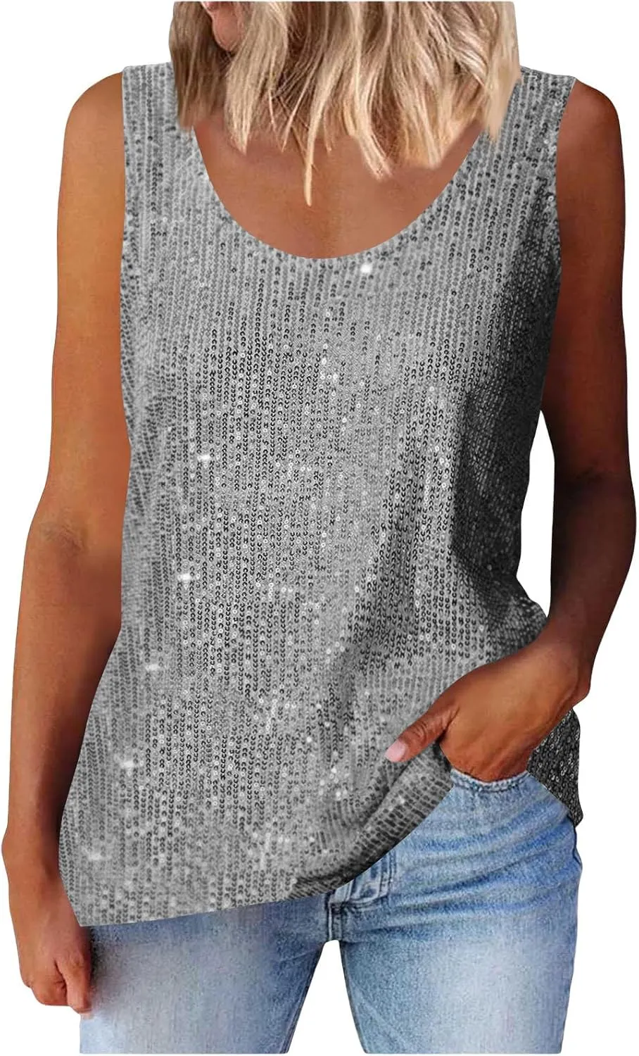 Women's Sequin Tank Top Summer Fashion Sparkly Sleeveless Tshirts Nightclub Party Glitter Scoop Neck Going Out Tops