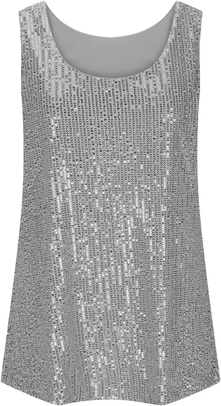 Women's Sequin Tank Top Summer Fashion Sparkly Sleeveless Tshirts Nightclub Party Glitter Scoop Neck Going Out Tops