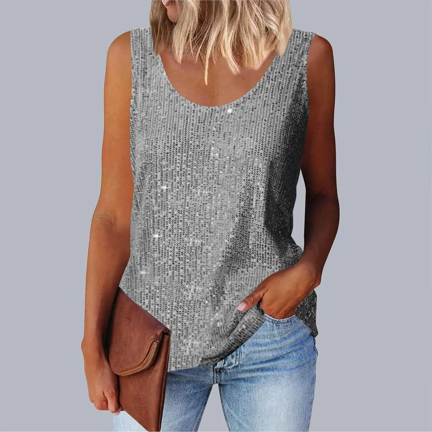 Women's Sequin Tank Top Summer Fashion Sparkly Sleeveless Tshirts Nightclub Party Glitter Scoop Neck Going Out Tops