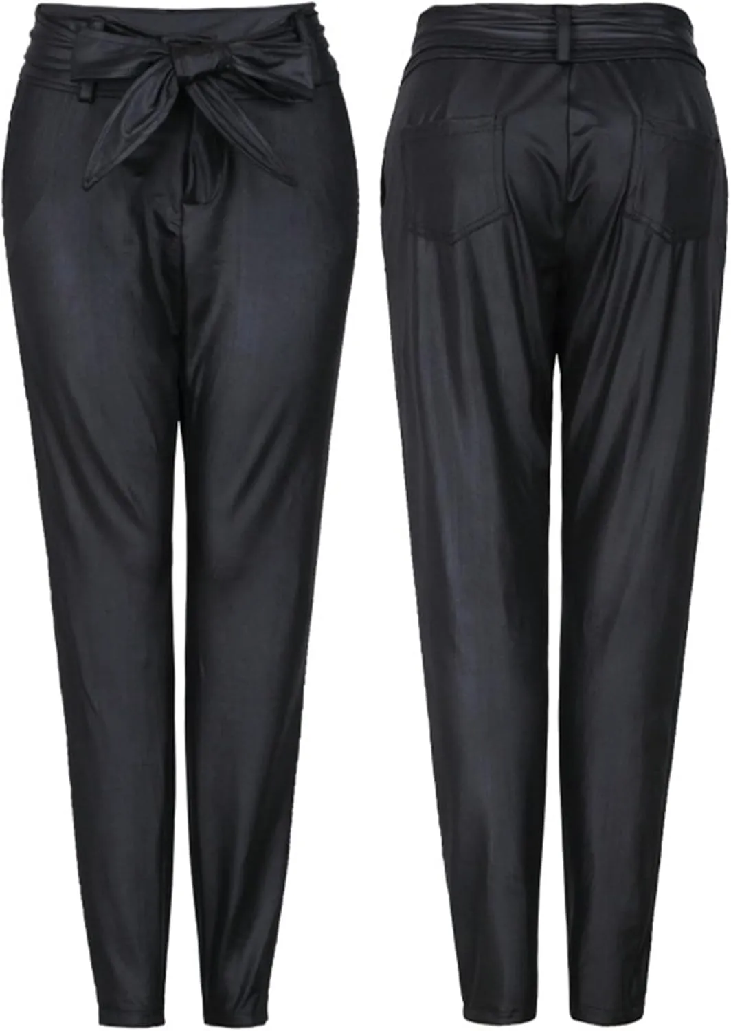 Women's Sexy PU Leather Pants High Waist Stretchy Leggings Bow Pencil Skinny Trousers