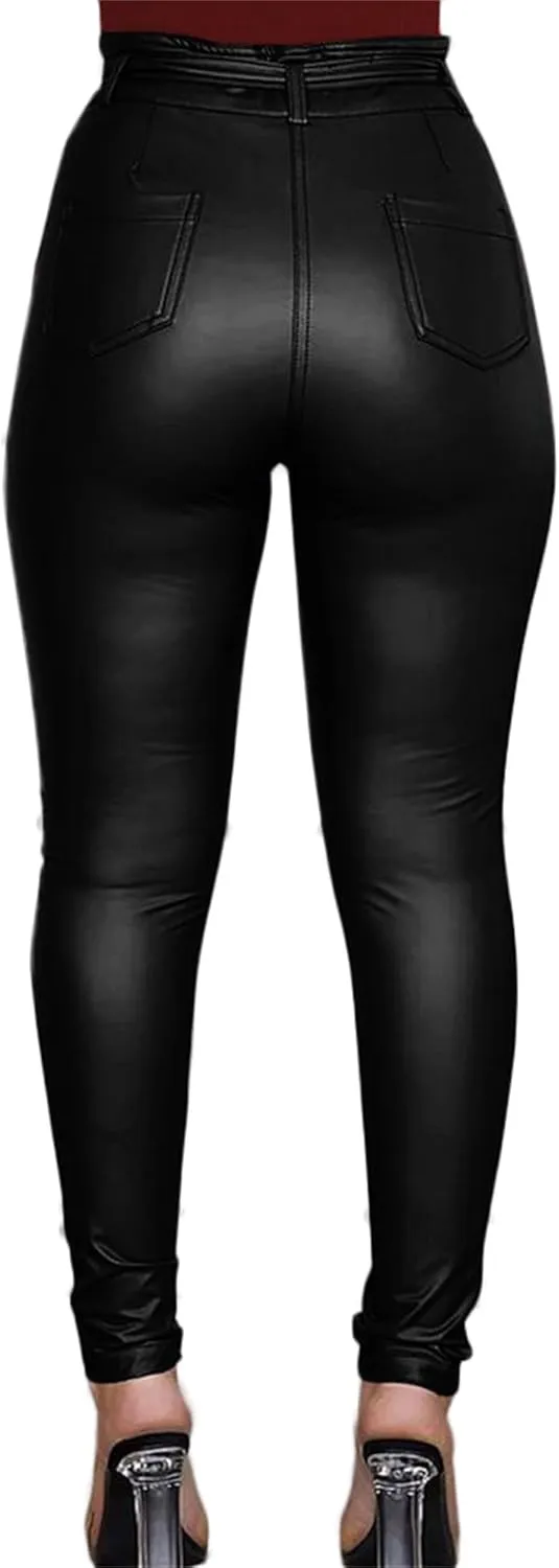 Women's Sexy PU Leather Pants High Waist Stretchy Leggings Bow Pencil Skinny Trousers