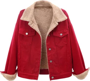 Womens Sherpa Lined Denim Jackets Long Sleeve Button Down Jean Coat Winter Warm Loose Fit Solid Color Furry Jackets