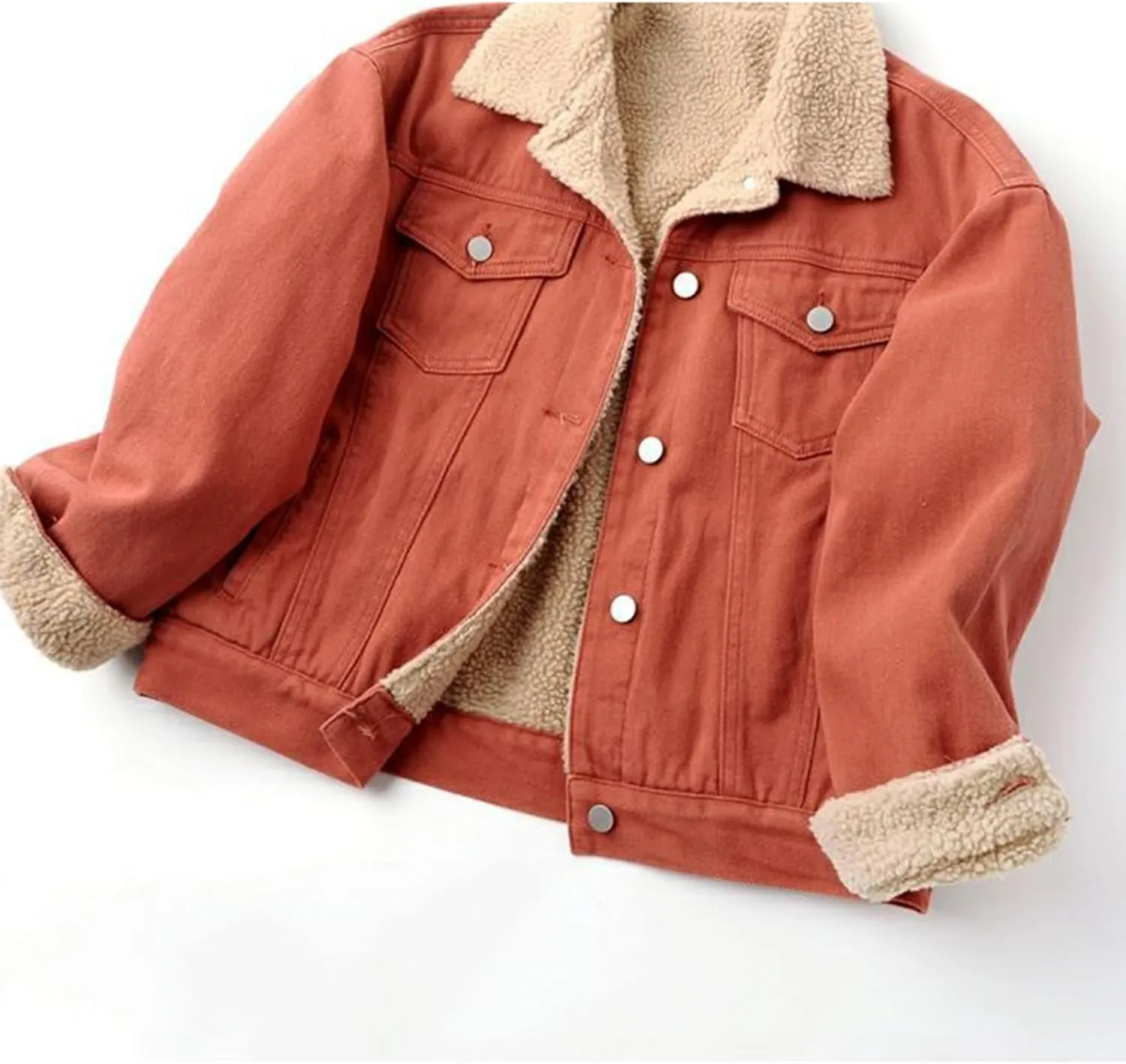 Womens Sherpa Lined Denim Jackets Long Sleeve Button Down Jean Coat Winter Warm Loose Fit Solid Color Furry Jackets