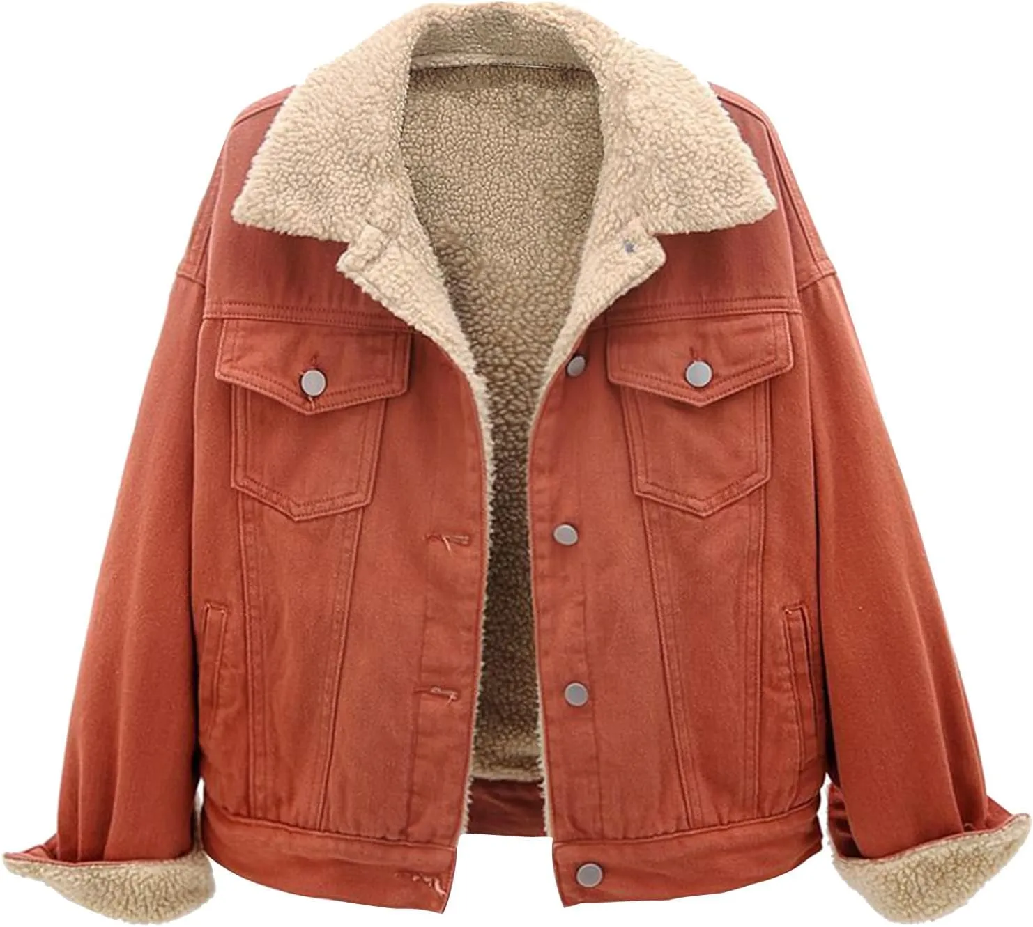 Womens Sherpa Lined Denim Jackets Long Sleeve Button Down Jean Coat Winter Warm Loose Fit Solid Color Furry Jackets