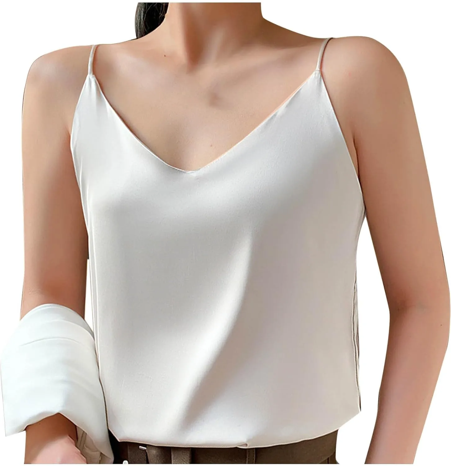 Womens Silk Satin Tank Tops V Neck Camisole Spaghetti Strap Y2k Dressy Shirts Summer Casual Going Out Basic Blouse