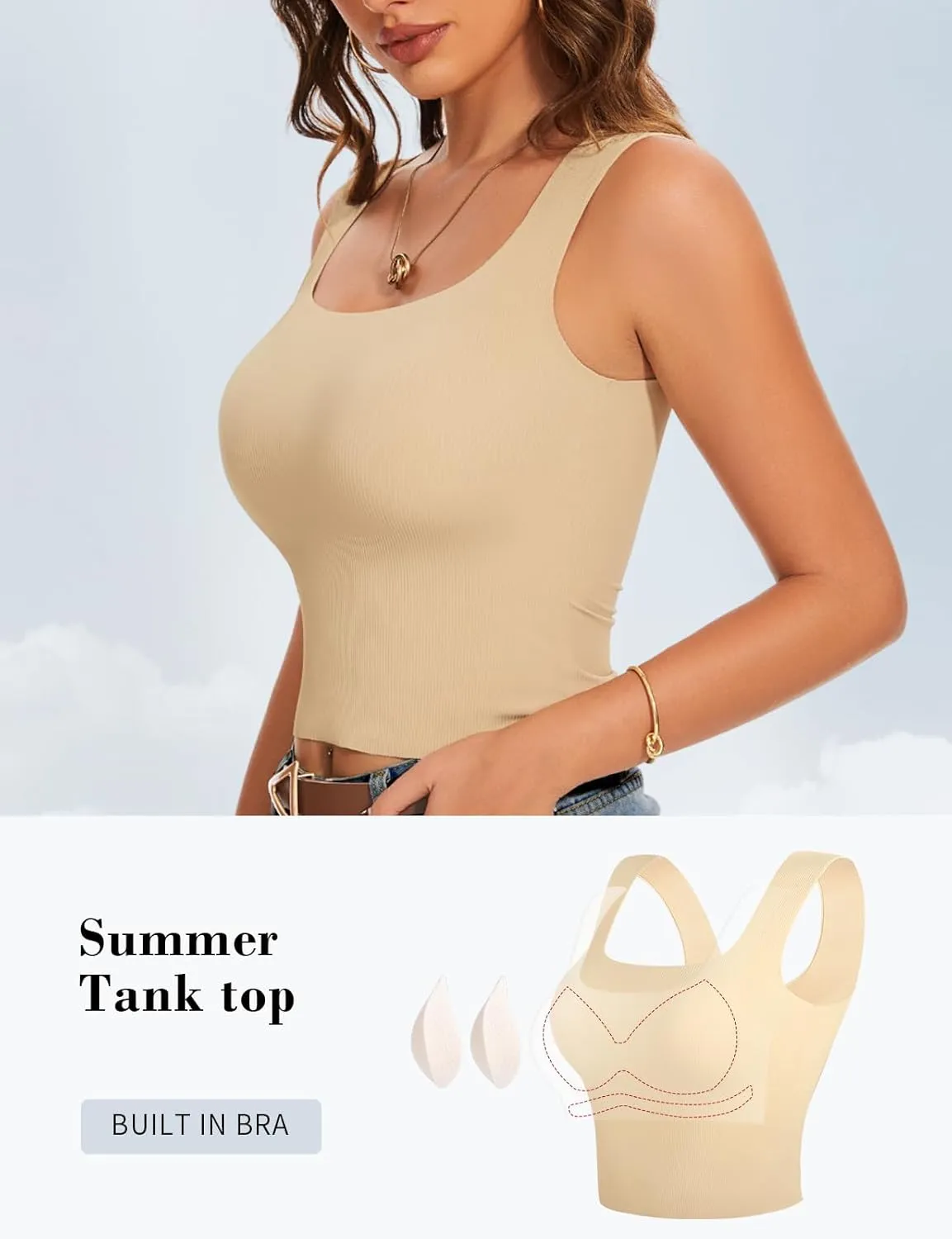 Women's Square Neck Seamless Tank Top with Built in Bras Sleeveless Cropped Tops